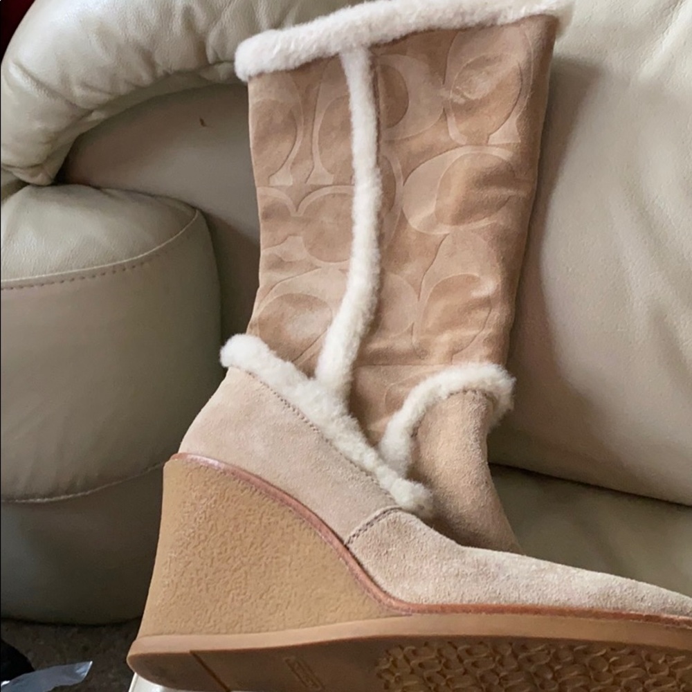 Coach cream suede wedge heal boots